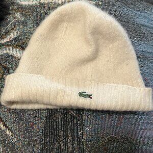 Lacoste White Logo Lamb's Wool Winter Beanie LIKE NEW Unisex